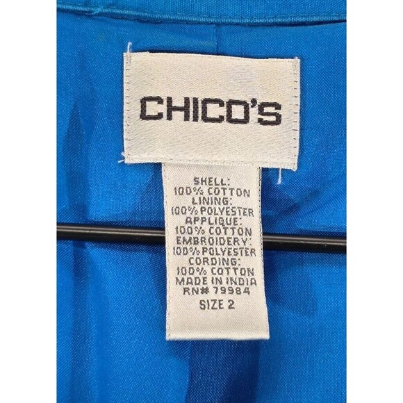 Chico’s Applique Jacket Ocean Blue Cotton Embroidered Lined Artsy Womens 2 Large - Picture 3 of 12